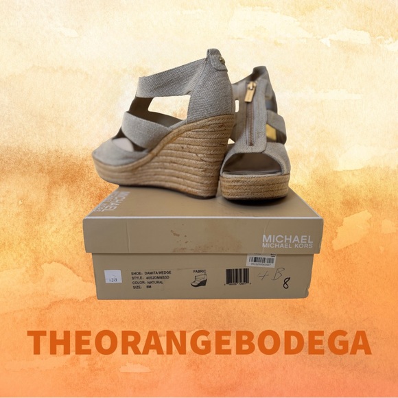 Michael Kors Shoes - MICHAEL KORS DAMITA ICONIC GOLD MK LOGO NATURAL ESPADRILLE WEDGES Size 8M